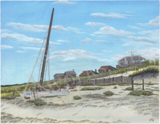 Art painting of a marooned sailboat on a beach with houses in the background