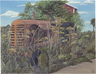 Art painting of an orange tractor surrounded by tall yellow grains