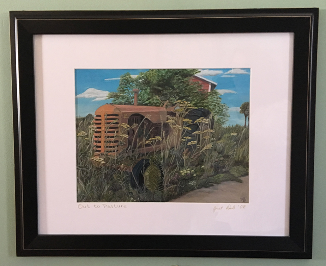 Art painting of an orange tractor surrounded by tall yellow grains framed