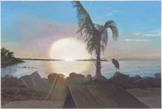 Art painting of a sunset on a beach with a palm tree