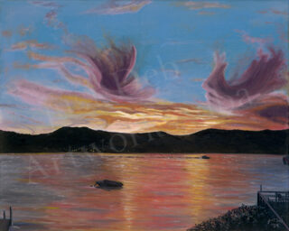 Art painting of a lake at sunset with bright pink clouds