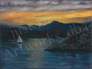 Art painting of a lake at dusk with white sailboat floating by