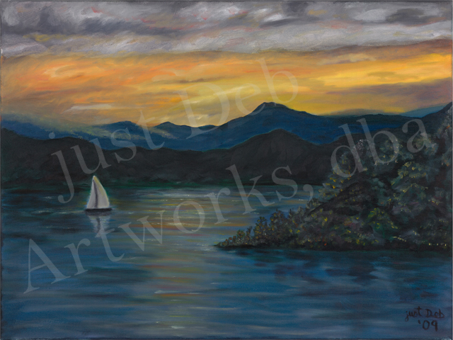 Art painting of a lake at dusk with white sailboat floating by