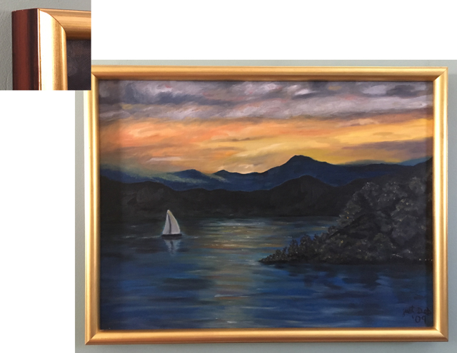 Art painting of a lake at dusk with white sailboat floating by framed