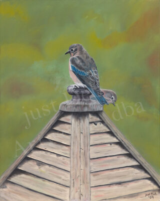 Art painting of a birds on top of a small wood roof structure