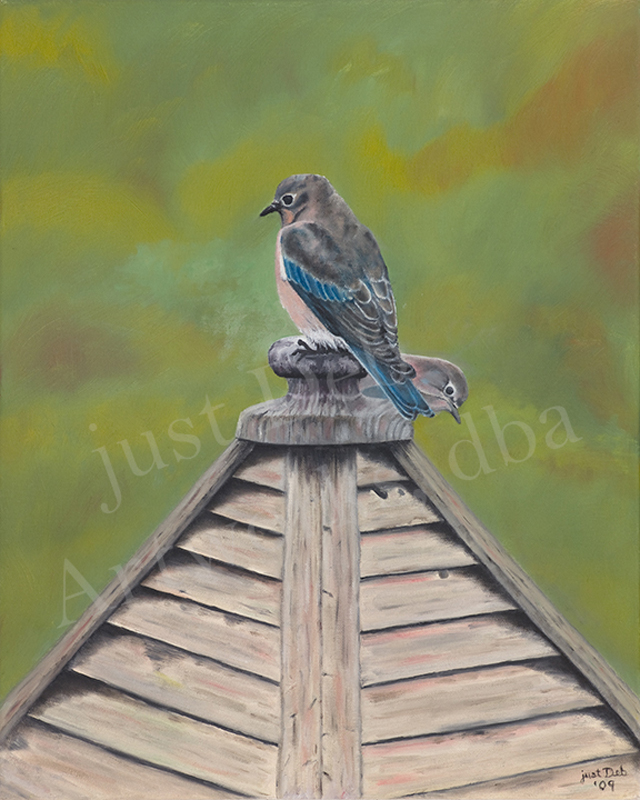 Art painting of a birds on top of a small wood roof structure