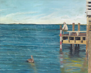 Art painting of a fisherman sitting at the end of a dock fishing