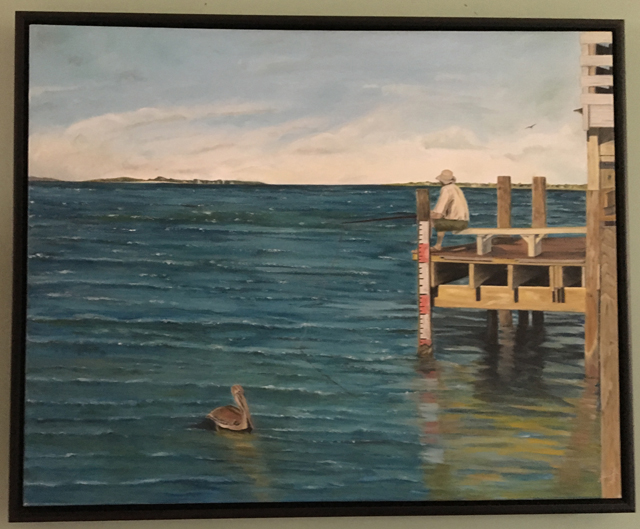 Art painting of a fisherman sitting at the end of a dock fishing framed
