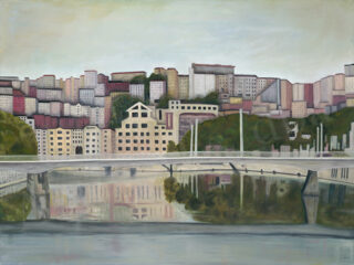 Art painting of paris france with a gray bridge in the foreground