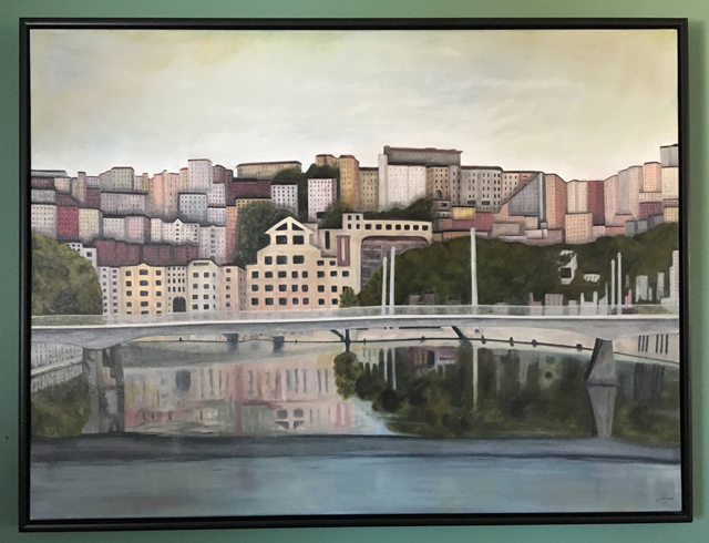 Art painting of paris france with a gray bridge in the foreground framed