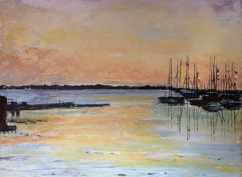 Art painting of a small harbor off the ocean with many sailboats in the water