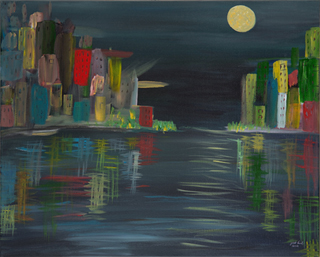 Art panting of a river going between two islands of city buildings with the moon bright in the sky
