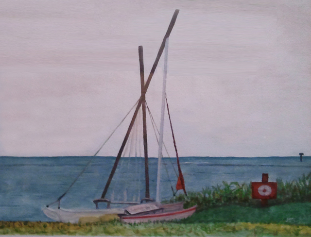 Art painting for two sailboats on the side of the ocean