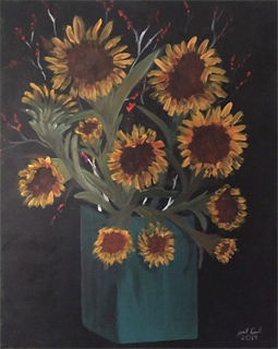 Art painting of a pot of sunflowers in a green square vase